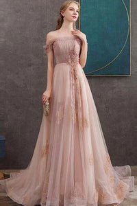 A-line Off-the-shoulder Pearl Pink Long Prom Dresses Evening Dress PFP1706