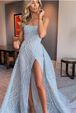 A-line Strapless Sky Blue Long Prom Dresses Unique Long Evening Dress PFP1707