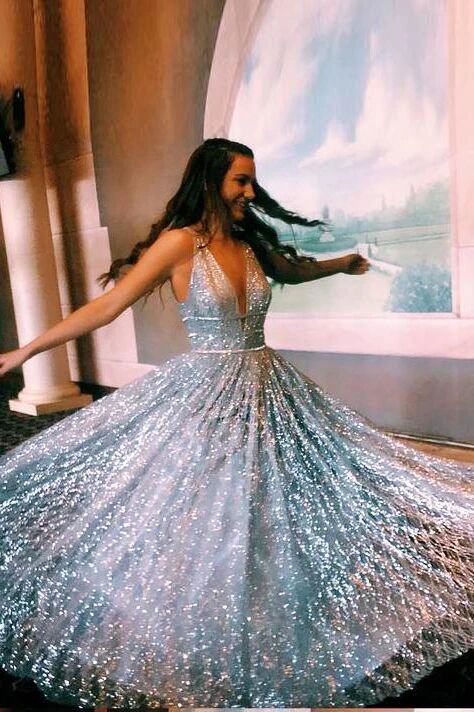 A-line V neck Silver Long Prom Dresses Shiny Evening Party Dresses PFP Promfast A-line V neck Silver Long Prom Dresses Shiny Evening Party Dresses PFP Promfast