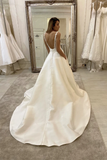 Promfast White Deep V Neck Satin Lace Top Long Prom Dress Wedding Dress PFP1932