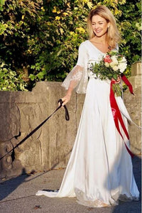 A-Line V-Neck V Back 3/4 Sleeves Satin Boho Wedding Dress with Lace PFW0448