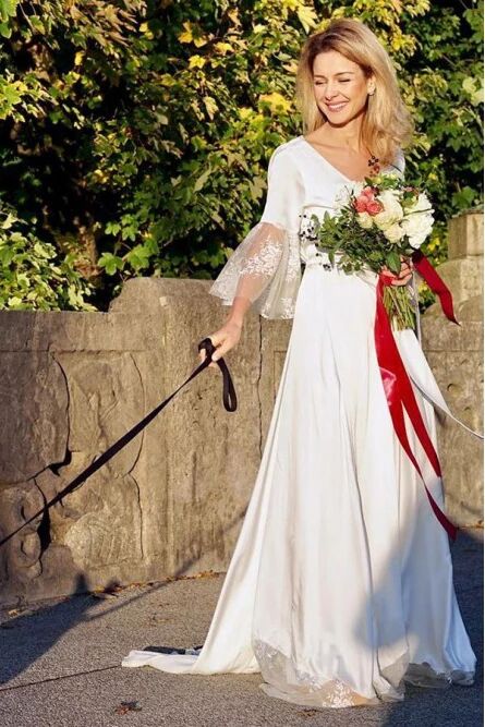A-Line V-Neck V Back 3/4 Sleeves Satin Boho Wedding Dress with Lace PFW0448