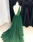 Promfast V Neck Green Open Back Tulle Long Prom Dresses With Sequins PFP1808