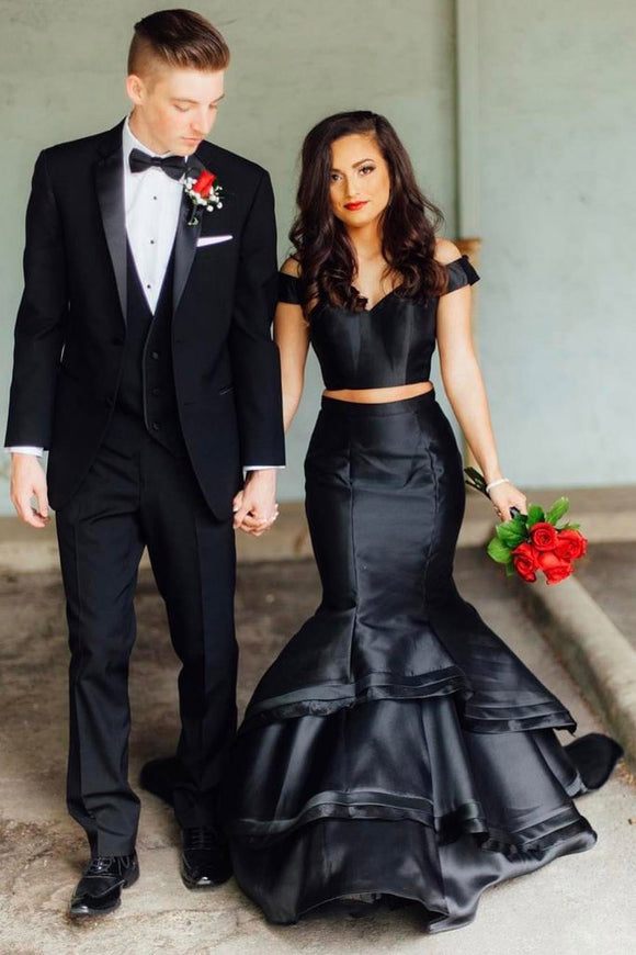 Black 2 Pieces Off Shoulder Mermaid Elegant Prom Dresses With Layers