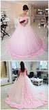 Ball Gown Off shoulder Pink Tulle Flowers Wedding Dresses,Pink Quinceanera Dresses PFW0246