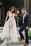 A-Line Spaghetti Straps Floor-Length V Neck Wedding Dress with Appliques PFW0449