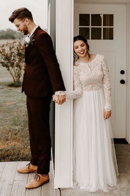 A-Line Round Neck Long Sleeves Backless Boho Wedding Dress with Lace PFW0452