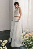 Two Piece Open Back Sweep Train Ivory Lace Wedding Dress with Pockets PFW0454