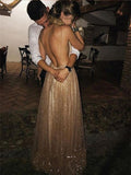 A-line Spaghetti Straps V-neck Sexy Backless Sequins Prom Party Dresses PFP0089