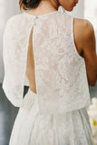 Two Piece Open Back Sweep Train Ivory Lace Wedding Dress with Pockets PFW0454