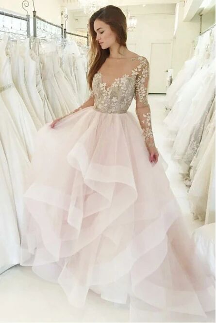 Princess A-Line Bateau Long Sleeves Pink Wedding Dress with Appliques PFW0455