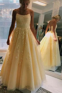 A-Line Yellow Spaghetti Straps Tulle Long Prom Dresses With Appliques PFP1714