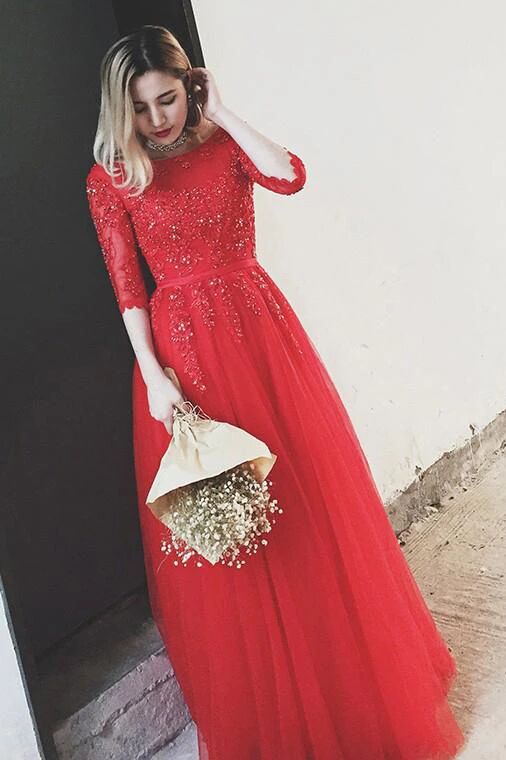 Red Bateau Floor-length Appliques Half Sleeves Long Prom Dress Evening Promfast Red Bateau Floor-length Appliques Half Sleeves Long Prom Dress Evening Promfast