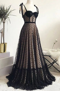 Vintage Spaghetti Straps Black A Line Long Prom Dress Formal Evening Dresses PFP1716