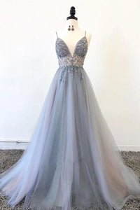 Gray Spaghetti Straps Beaded Tulle A Line Prom Dresses Evening Party Dress PFP1718