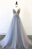 Gray Spaghetti Straps Beaded Tulle A Line Prom Dresses Evening Party Dress PFP1718