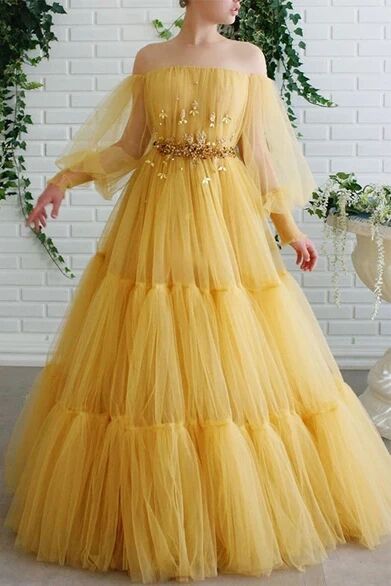 A-line Off-the-shoulder Yellow Tulle Long Prom Dresses Evening Dress PFP1722