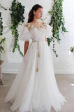 A-line Off White Short Sleeves Long Prom Dresses Organza Evening Dress PFP1723