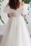 A-line Off White Short Sleeves Long Prom Dresses Organza Evening Dress PFP1723