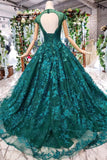 New Arrival Prom Dresses Court Train Scoop Cap Sleeves Lace Up Back PFP0553