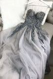 Gray Sweetheart Tulle Lace Appliques Long Prom Dress Formal Evening Dresses PFP1724