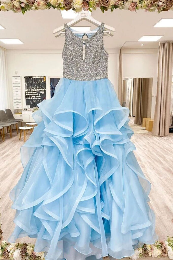 Sky Blue Round Neck Tulle Long Prom Dress A Line Formal Evening Dresses PFP1726