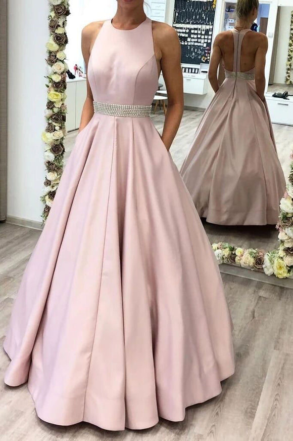 A Line Pink Beading Satin Long Prom Dress With Pockets PFP1727
