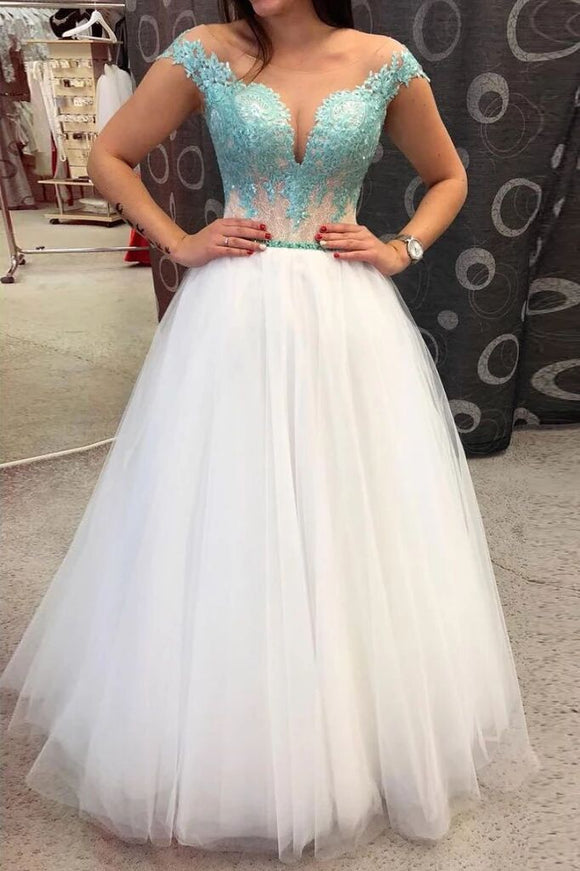 Off White Tulle Lace Appliques Long Prom Dress A Line Evening Dress PFP1728