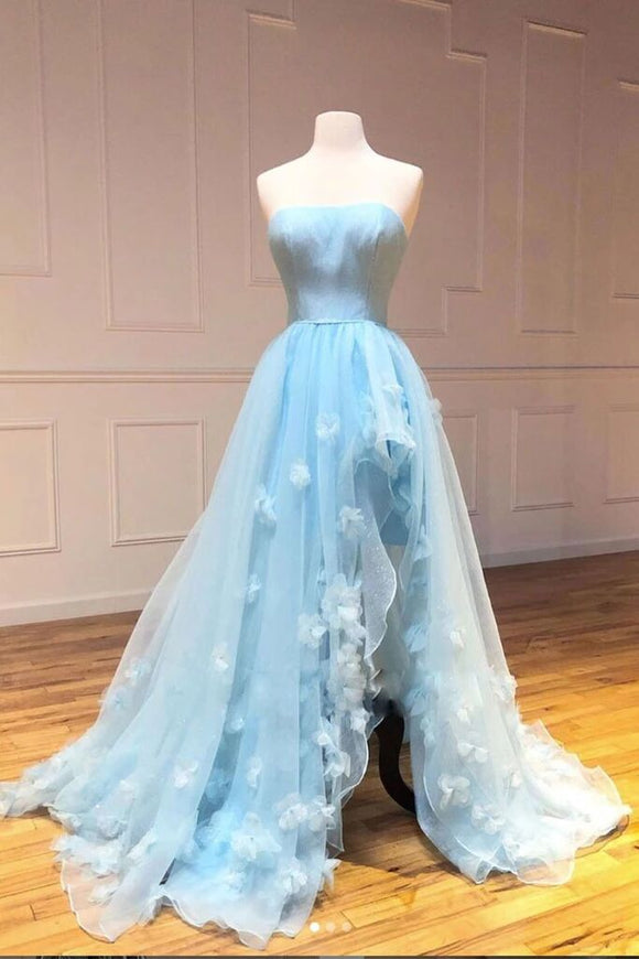Sky Blue Strapless Tulle Long Prom Dress A Line Evening Dress With Slit PFP1729