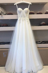 White Spaghetti Straps Tulle Lace Appliques Long Prom Dress Evening Dress PFP1730