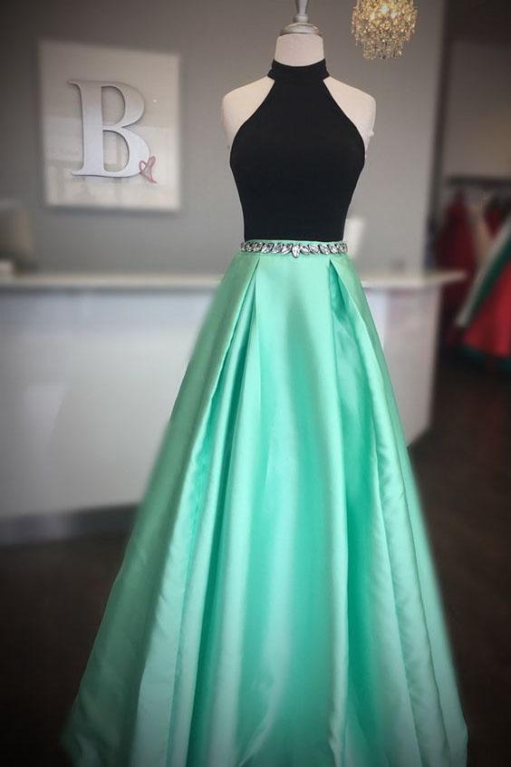 High Neck Two Piece Black And Mint Green Beads Long Prom Dress PFP0090 Promfast High Neck Two Piece Black And Mint Green Beads Long Prom Dress PFP0090 Promfast