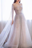 A-line Round Beaded Long Prom Dresses Charming Formal Gowns PFP1735