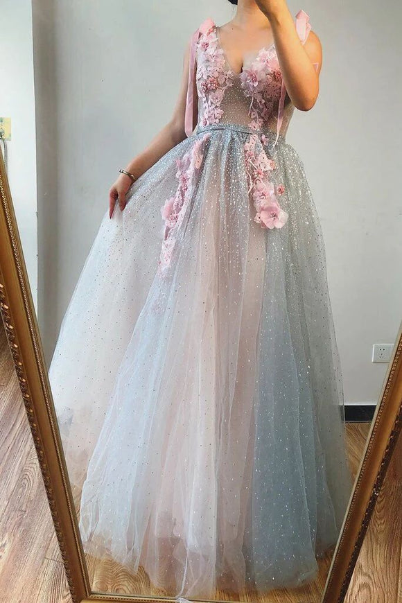 A-line V Neck Beaded Pink Flowers Long Prom Dresses Beautiful Evening Gowns PFP1736