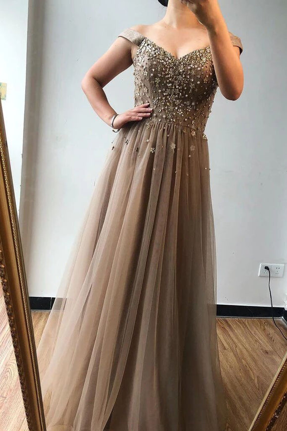 A-line Off-the-shoulder Beaded Long Prom Dresses Brown Evening Gowns PFP1737