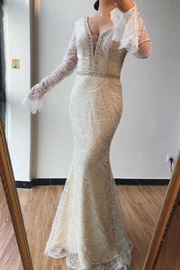 Trumpet/Mermaid V neck Lace Beaded Long Sleeves Prom Dresses Formal Elegant Evening Gowns PFP1739