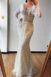 Trumpet/Mermaid V neck Lace Beaded Long Sleeves Prom Dresses Formal Elegant Evening Gowns PFP1739