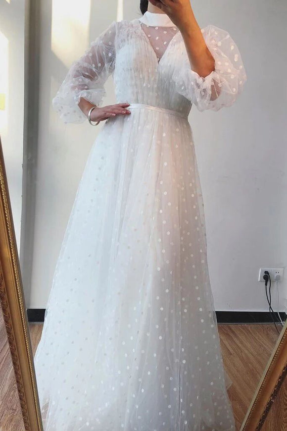 A-line High Neck Long Sleeves White Long Prom Dresses Formal Gowns PFP1740