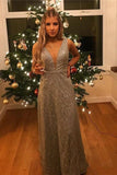 Popular V-Neck Long Silver Prom Dress with Beading Sequin Evening Dress PFP1741