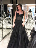 A-Line Spaghetti Straps Long Prom Dress Sleeveless Black Evening Dress PFP1743