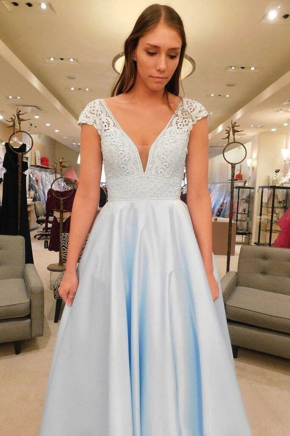Simple V-Neck A Line Lace Cap Sleeves Sky Blue Prom Dresses for Junior PFP1744