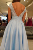 Simple V-Neck A Line Lace Cap Sleeves Sky Blue Prom Dresses for Junior PFP1744