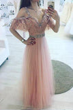 A-Line V-Neck Off Shoulder Pink Tulle Long Prom Dress with Beading PFP0091