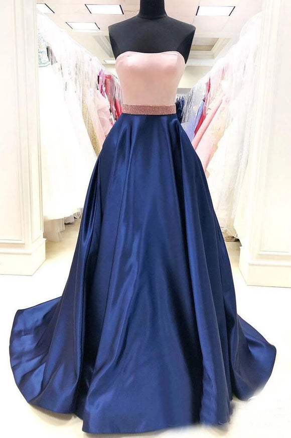 Simple Royal Blue Satin A Line Long Prom Dresses with Pockets PFP1746