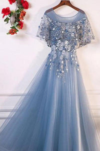A-Line Blue Tulle Short Sleeves Long Lace Up Formal Evening Prom Dresses PFP0092