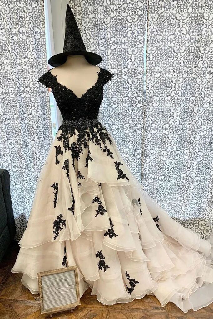 A Line V Neck Cap Sleeves Long Prom Dress With Black Lace Appliques PF ...