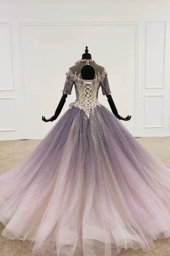 Sparkly Ball Gown Half Sleeves Ombre Quinceanera Dresses with Flowers   Promfast
