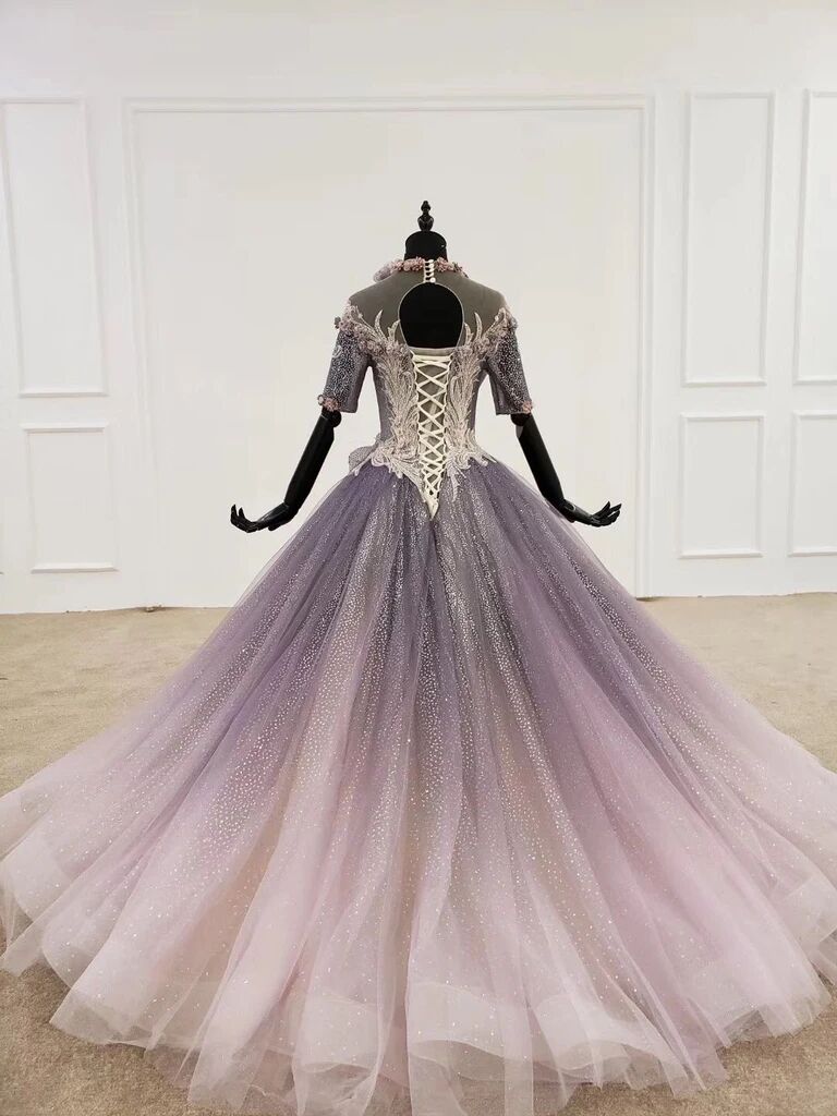 Sparkly Ball Gown Half Sleeves Ombre Quinceanera Dresses with Flowers –  Promfast