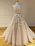 A-line Scoop Lace Appliques Long Prom Dresses Cheap Evening Dress PFP1765