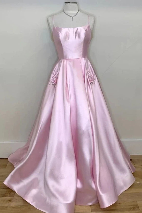 A-line Spaghetti Straps Pink Long Prom Dresses With Pockets Satin Simple Evening Dress PFP1766