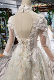 Prom Dresses Tulle High Neck Long Sleeves Handmade Flowers PFP0554